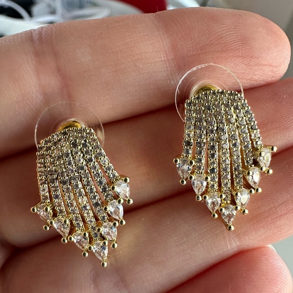 Unique Gold Crystal Fan Earrings Statement Bridal Bridesmaid Party Jewelry BNWOT - Picture 4 of 6